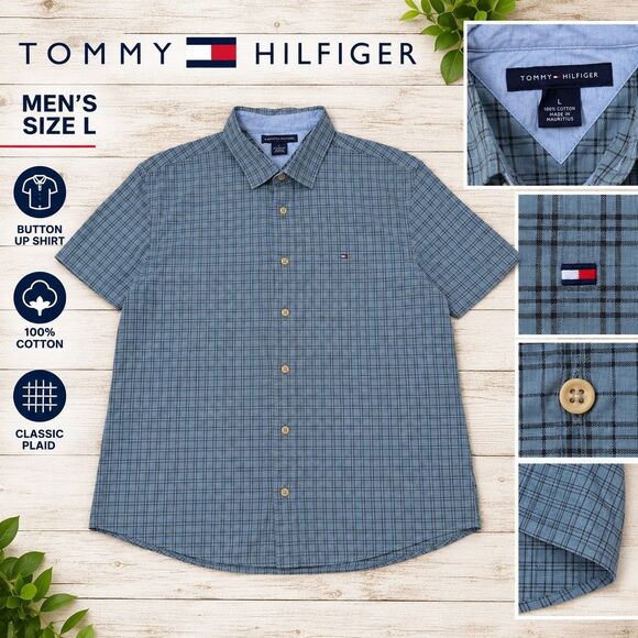 Tommy Hilfiger Other - Tommy Hilfiger Men's L Plaid Button Up Shirt Blue Gray 100% Cotton Mauritius